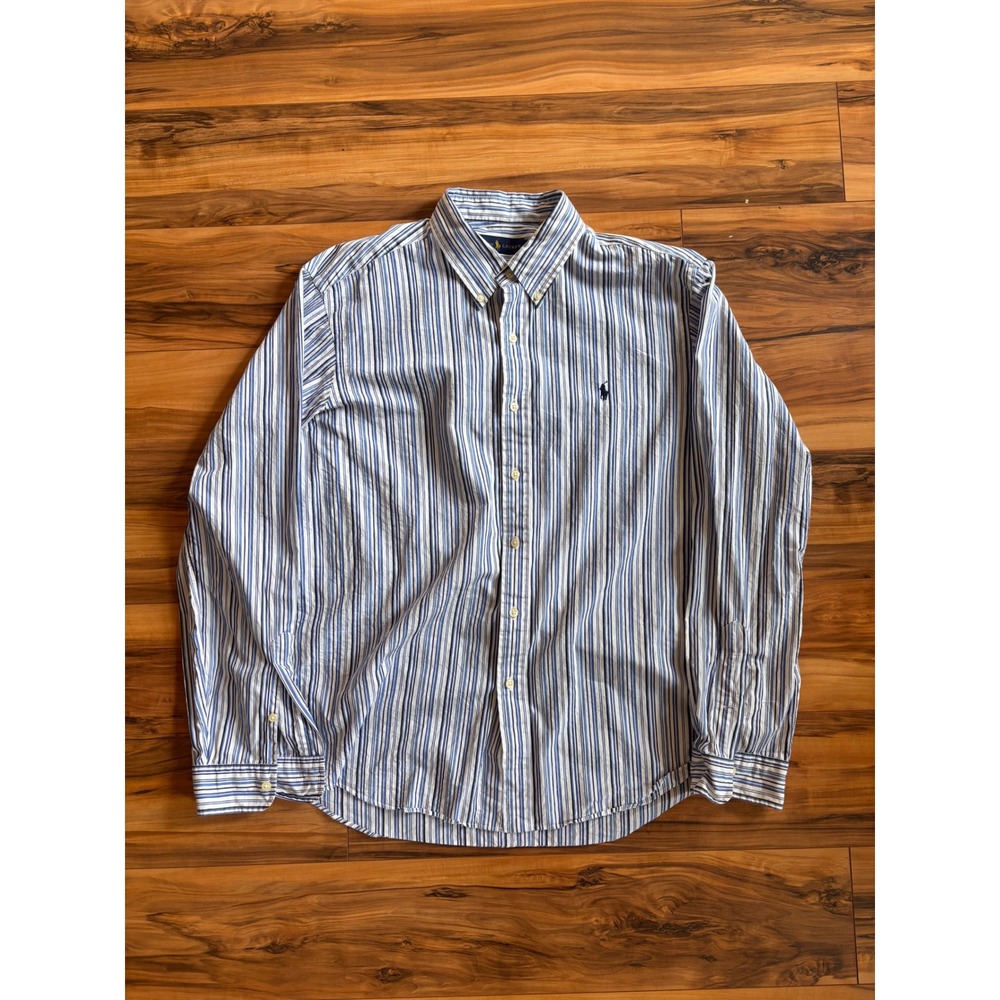 Ralph Lauren Mens XL Blue White Striped Cotton Button Down Shirt Long Sleeve